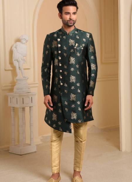 Bottle Green Colour Traditional Jacquard Silk Digital Print Party Wear Indo Western Mens Collection 9202